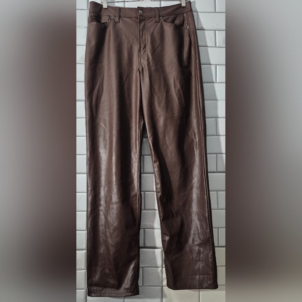 Old Navy High Rise Og Loose Faux Leather Brown Pant Color Brown Straight Leg Poc